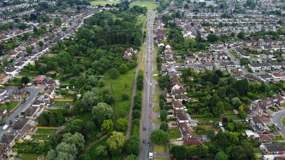 An aerial view of a residential neighbourhood showing a straight main road running through the centre, with multiple vehicles parked along the sides and moving in both directions. On one side of the street, there are rows of detached and semi-detached houses with driveways, gardens, and visible roofing materials. The opposite side features predominantly terraced houses with front yards and fencing. To the left of the road, there is a large, green park area densely populated with trees, shrubs, and open grassy spaces, with pathways winding through the foliage. The surrounding environment includes well-maintained gardens, paved pavements, and parked cars, indicating a quiet, suburban setting suitable for home relocation or furniture transport services. This scene relates to moving logistics in compliance with Bromley Council rules for moves around Crystal Palace and Sydenham, as handled by Man With a Van Sydenham, with the vehicle and packing materials likely involved in loading or unloading processes within this residential area.